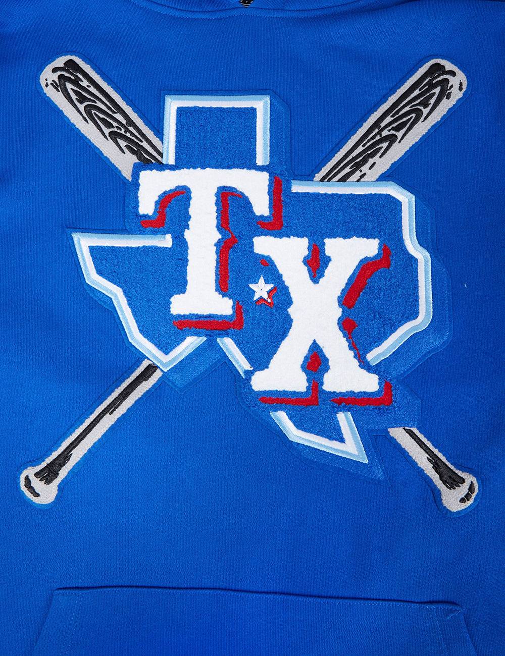 MLB TEXAS RANGERS MASHUP SUDADERA CON CAPUCHA Y CANALETAS PARA HOMBRE (AZUL REAL/ROJO)