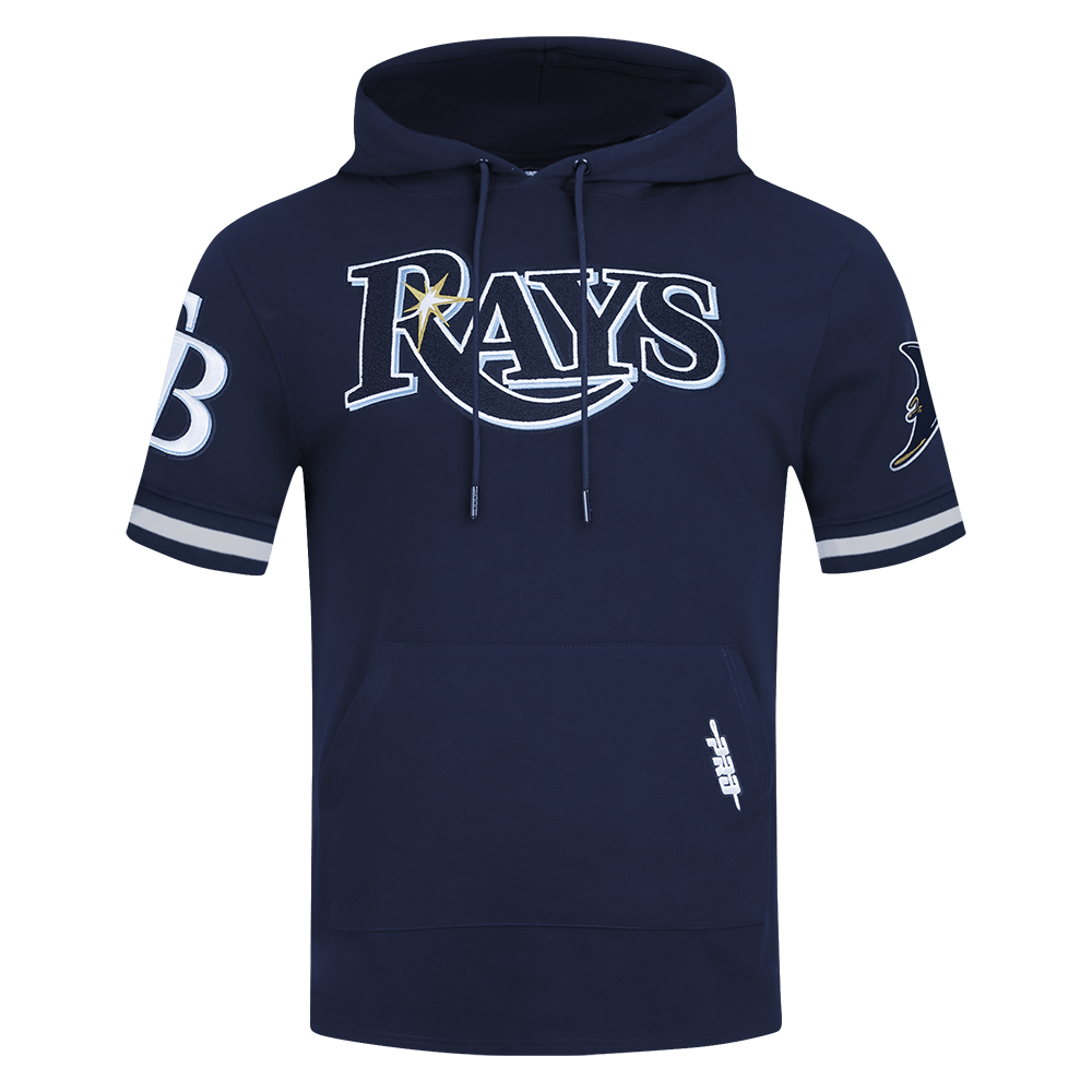 MLB TAMPA BAY RAYS SUDADERA CON CAPUCHA CLÁSICA DE TEJIDO DOBLE DE PUNTO Y CHENILLA DE MANGA CORTA PARA HOMBRE (AZUL MARINO MIDNIGHT)