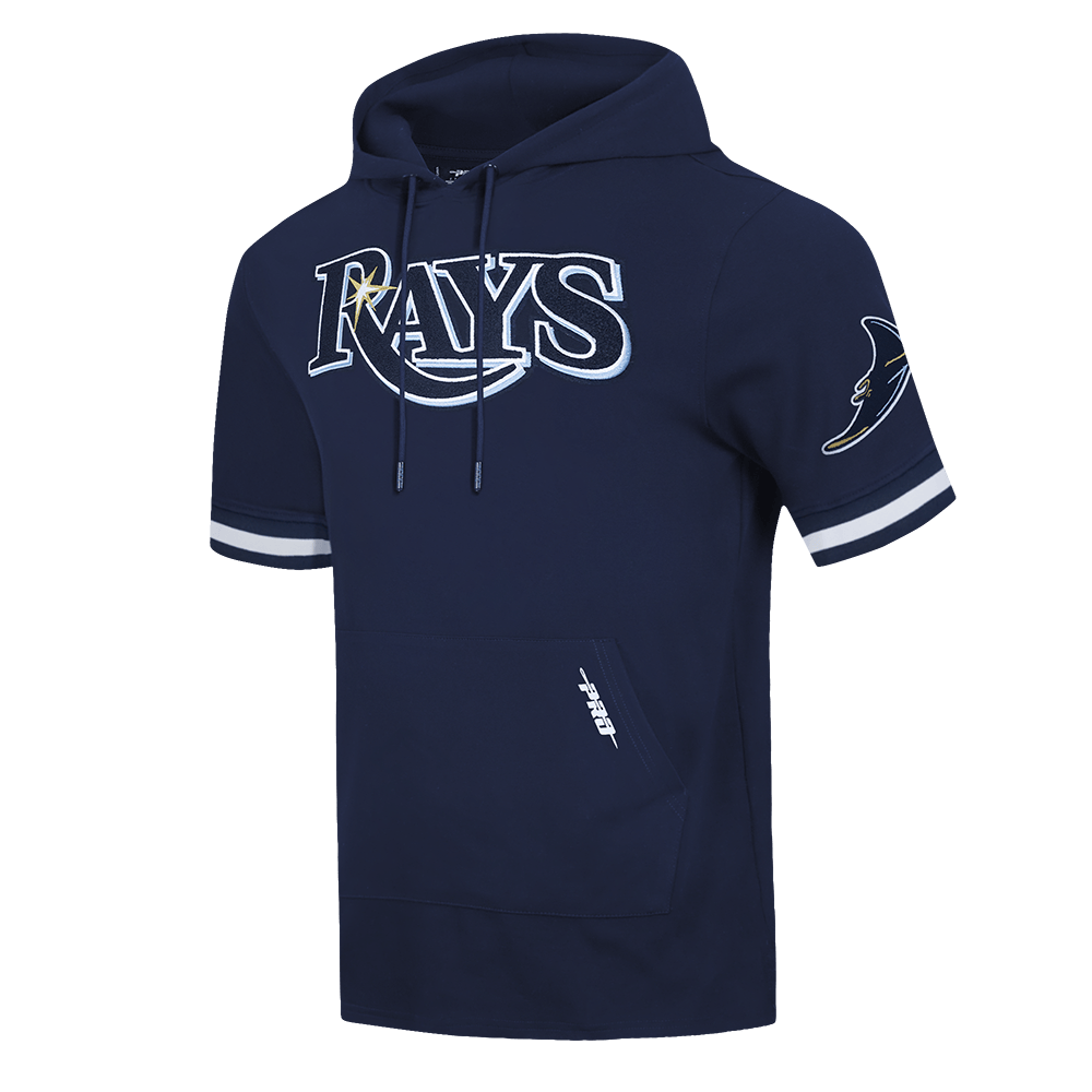 MLB TAMPA BAY RAYS SUDADERA CON CAPUCHA CLÁSICA DE TEJIDO DOBLE DE PUNTO Y CHENILLA DE MANGA CORTA PARA HOMBRE (AZUL MARINO MIDNIGHT)