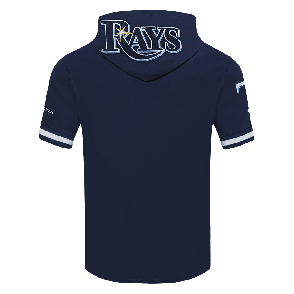 MLB TAMPA BAY RAYS SUDADERA CON CAPUCHA CLÁSICA DE TEJIDO DOBLE DE PUNTO Y CHENILLA DE MANGA CORTA PARA HOMBRE (AZUL MARINO MIDNIGHT)