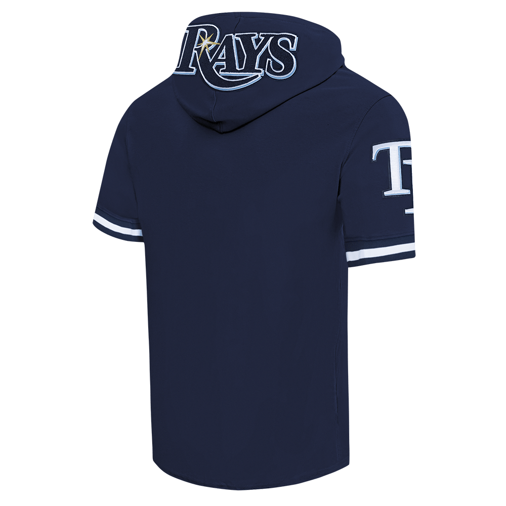 MLB TAMPA BAY RAYS SUDADERA CON CAPUCHA CLÁSICA DE TEJIDO DOBLE DE PUNTO Y CHENILLA DE MANGA CORTA PARA HOMBRE (AZUL MARINO MIDNIGHT)