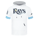 MLB TAMPA BAY RAYS CLASSIC CHENILLE MEN'S DOUBLE KNIT SHORT SLEEVE PULLOVER HOODIE (WHITE/UNIVERSITY BLUE)