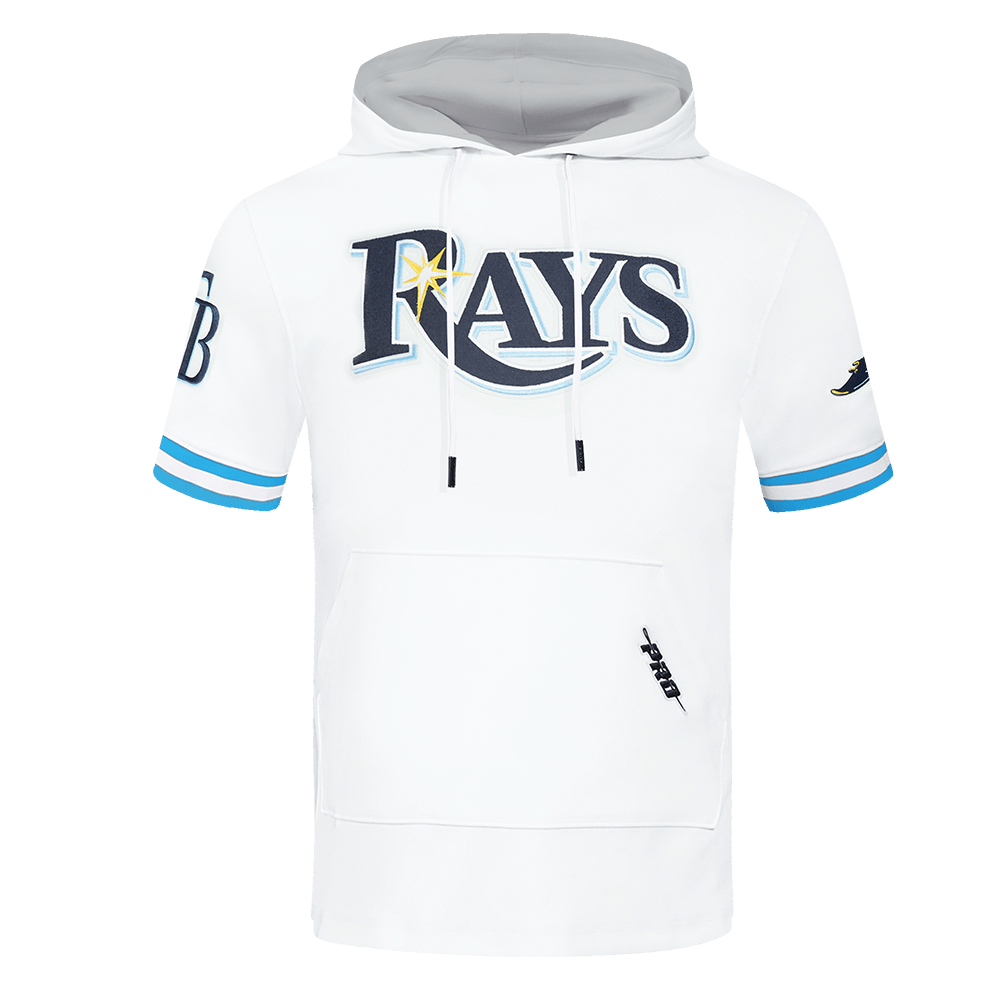 MLB TAMPA BAY RAYS CLASSIC CHENILLE MEN'S DOUBLE KNIT SHORT SLEEVE PULLOVER HOODIE (WHITE/UNIVERSITY BLUE)