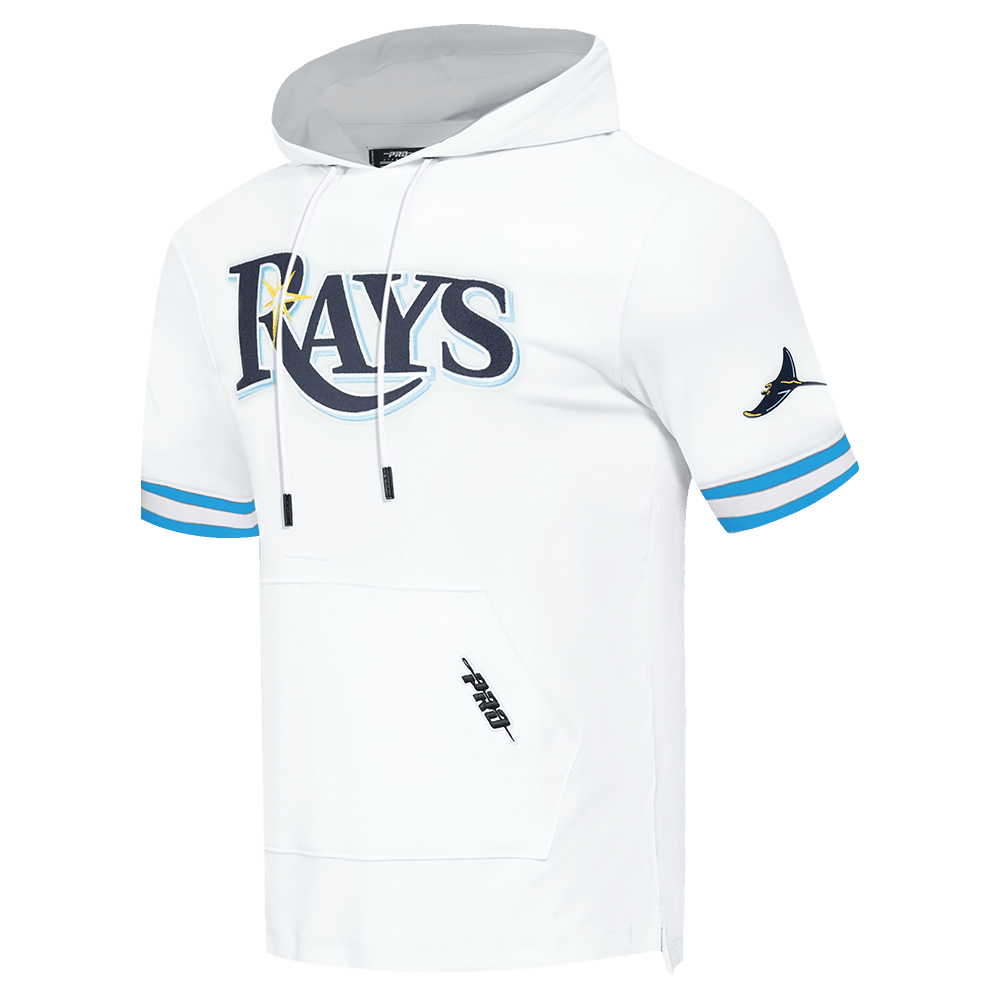 MLB TAMPA BAY RAYS CLASSIC CHENILLE MEN'S DOUBLE KNIT SHORT SLEEVE PULLOVER HOODIE (WHITE/UNIVERSITY BLUE)