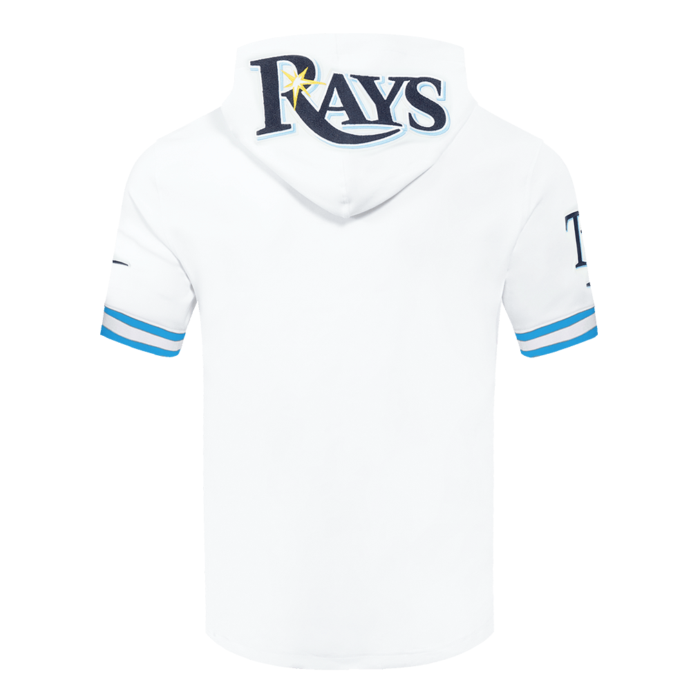 MLB TAMPA BAY RAYS CLASSIC CHENILLE MEN'S DOUBLE KNIT SHORT SLEEVE PULLOVER HOODIE (WHITE/UNIVERSITY BLUE)