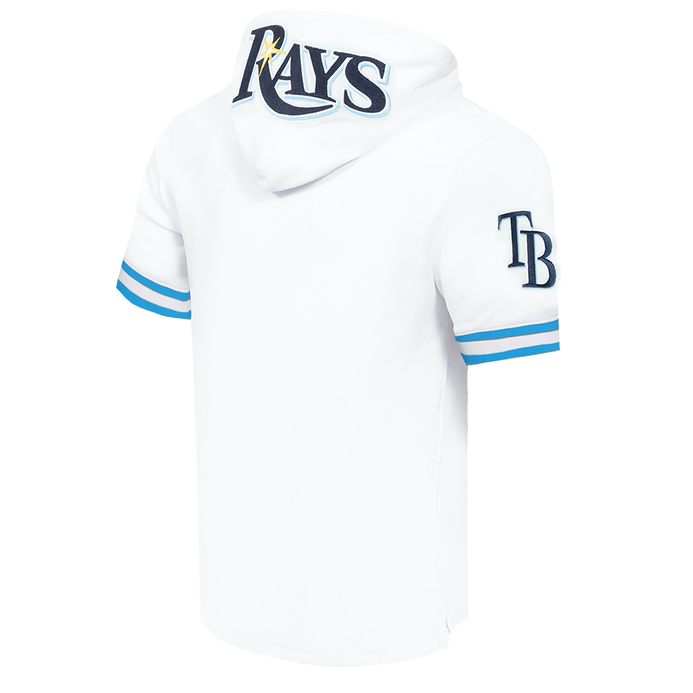 MLB TAMPA BAY RAYS CLASSIC CHENILLE MEN'S DOUBLE KNIT SHORT SLEEVE PULLOVER HOODIE (WHITE/UNIVERSITY BLUE)