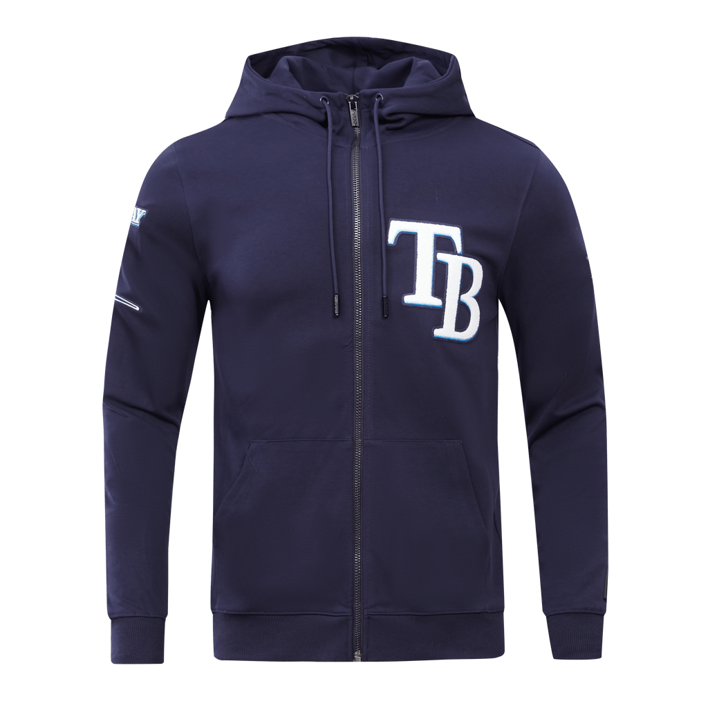 MLB TAMPA BAY RAYS SUDADERA CON CAPUCHA DE HOMBRE CON CREMALLERA COMPLETA DE CHENILLA CLÁSICA (AZUL MARINO MIDNIGHT)