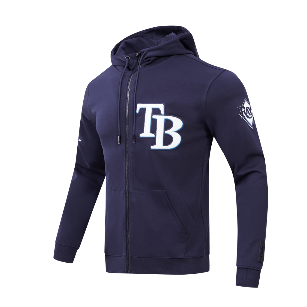 MLB TAMPA BAY RAYS SUDADERA CON CAPUCHA DE HOMBRE CON CREMALLERA COMPLETA DE CHENILLA CLÁSICA (AZUL MARINO MIDNIGHT)
