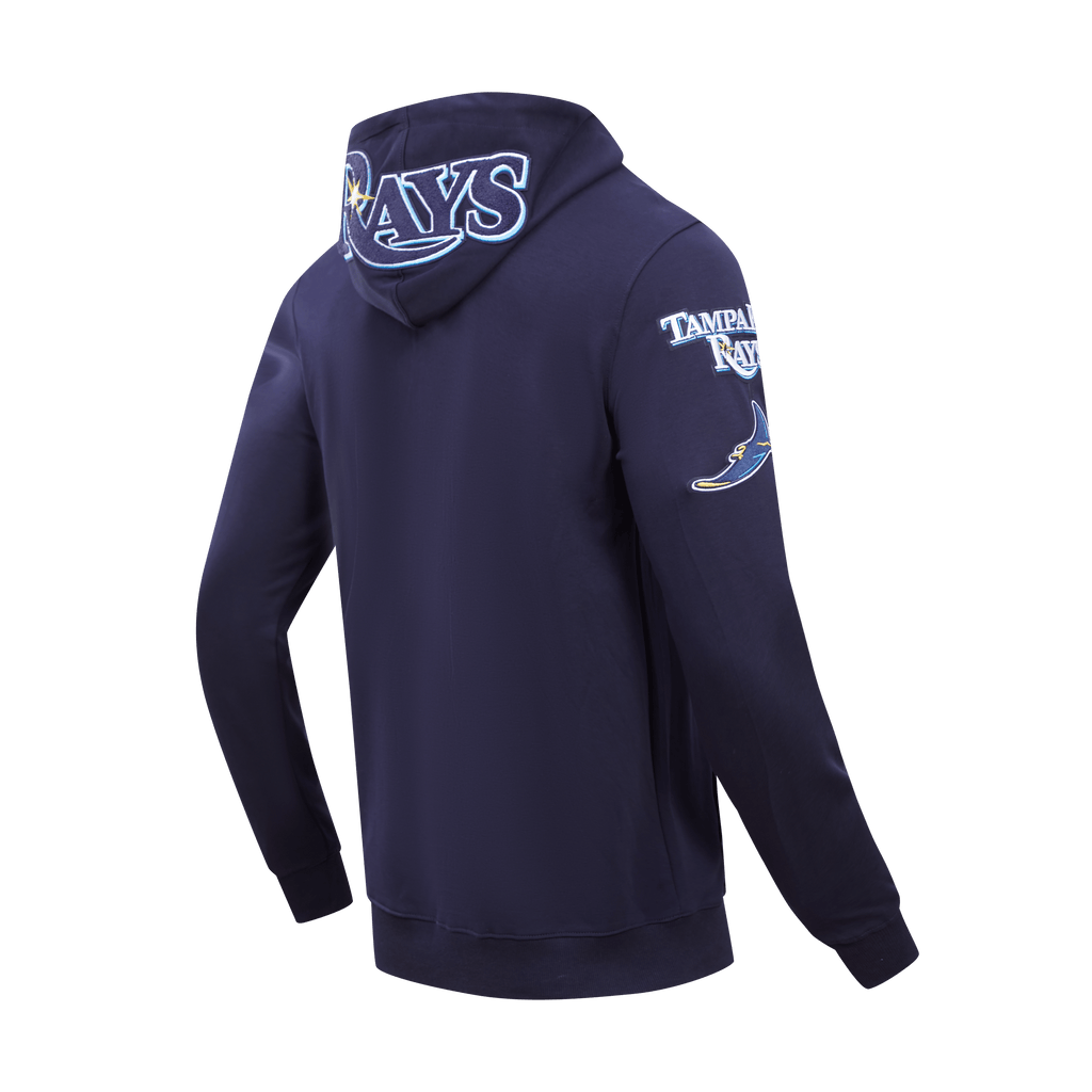 MLB TAMPA BAY RAYS SUDADERA CON CAPUCHA DE HOMBRE CON CREMALLERA COMPLETA DE CHENILLA CLÁSICA (AZUL MARINO MIDNIGHT)