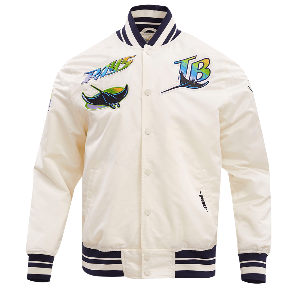 MLB TAMPA DEVIL RAYS RETRO CLASSIC MEN'S RIB SATIN JACKET (EGGSHELL/ MIDNIGHT NAVY)