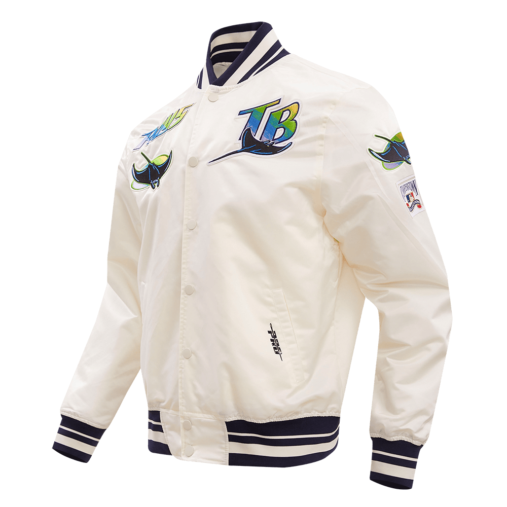 MLB TAMPA DEVIL RAYS RETRO CLASSIC MEN'S RIB SATIN JACKET (EGGSHELL/ MIDNIGHT NAVY)