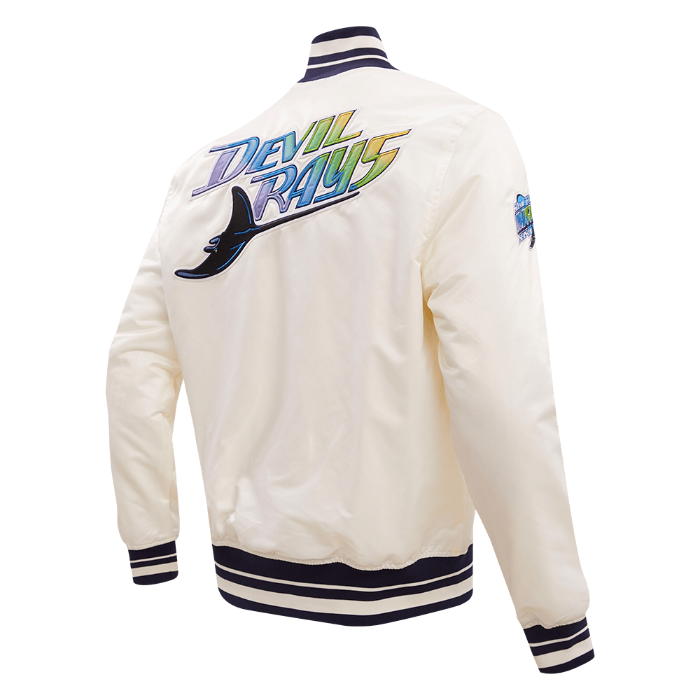 MLB TAMPA DEVIL RAYS RETRO CLASSIC MEN'S RIB SATIN JACKET (EGGSHELL/ MIDNIGHT NAVY)