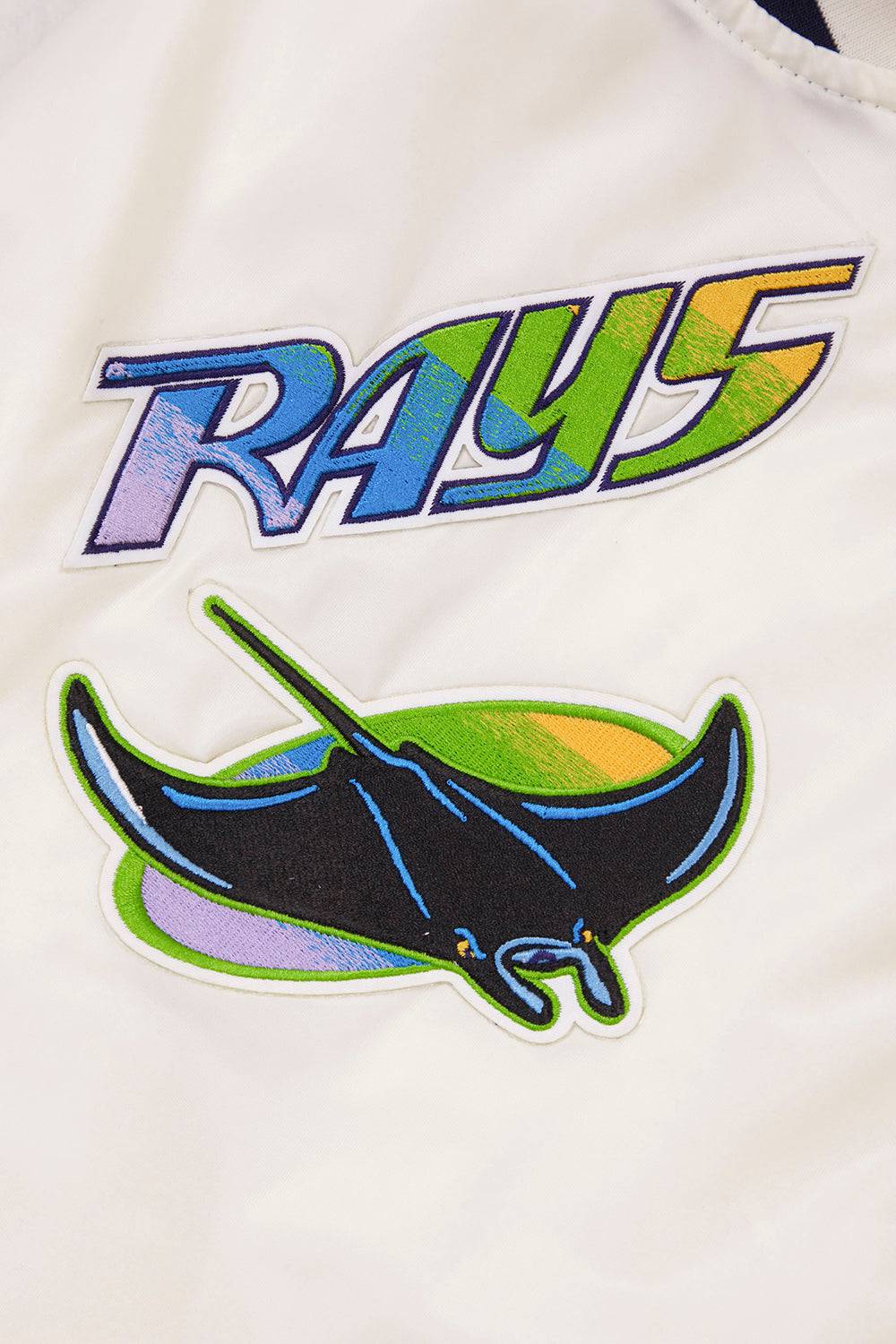 MLB TAMPA DEVIL RAYS RETRO CLASSIC MEN'S RIB SATIN JACKET (EGGSHELL/ MIDNIGHT NAVY)