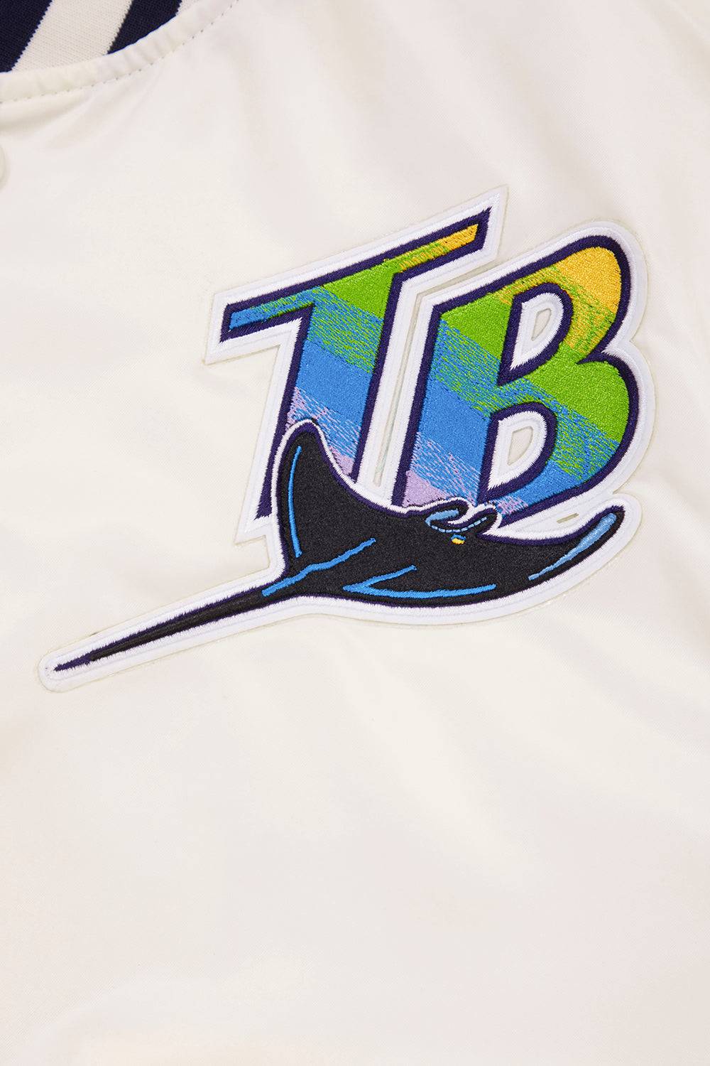 MLB TAMPA DEVIL RAYS RETRO CLASSIC MEN'S RIB SATIN JACKET (EGGSHELL/ MIDNIGHT NAVY)