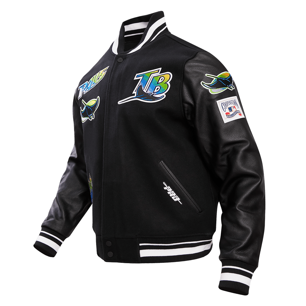 MLB TAMPA DEVIL RAYS RETRO CLASSIC MEN'S RIB WOOL VARSITY JACKET (BLACK/WHITE)