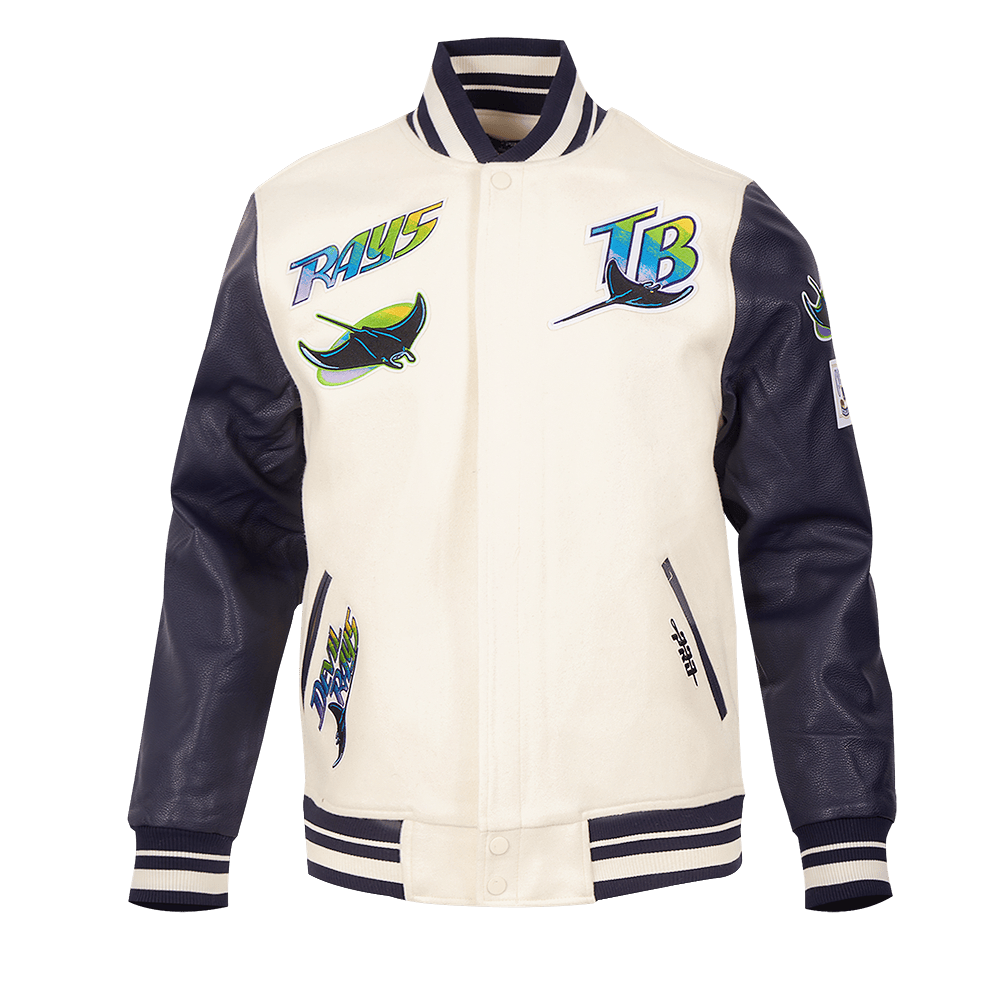 CHAQUETA UNIVERSITARIA CLÁSICA RETRO DE LANA ACANALADA PARA HOMBRE MLB TAMPA DEVIL RAYS (BLANCO HUESO/ AZUL MARINO NOCTURNO)