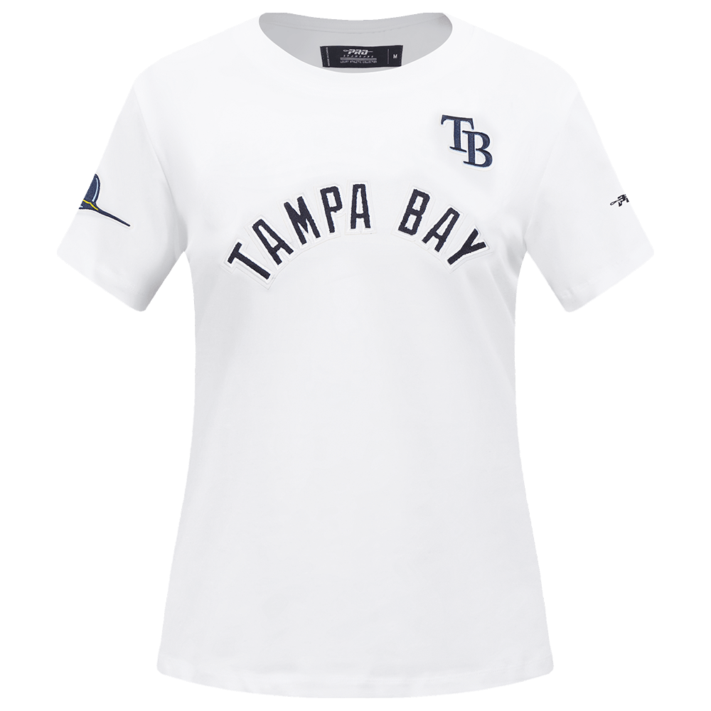 TOP MUJER MLB TAMPA BAY RAYS CLASSIC DE MANGA CORTA, JERSEY SIMPLE Y CORTE AJUSTADO (BLANCO)