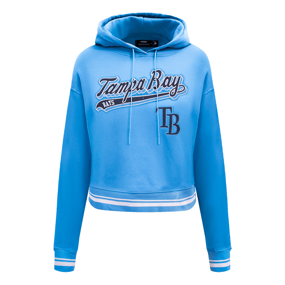 MLB TAMPA BAY RAYS SCRIPT TAIL WOMEN'S RIB FLEECE CROPPED PULLOVER HOODIE (UNIVERSITY BLUE)