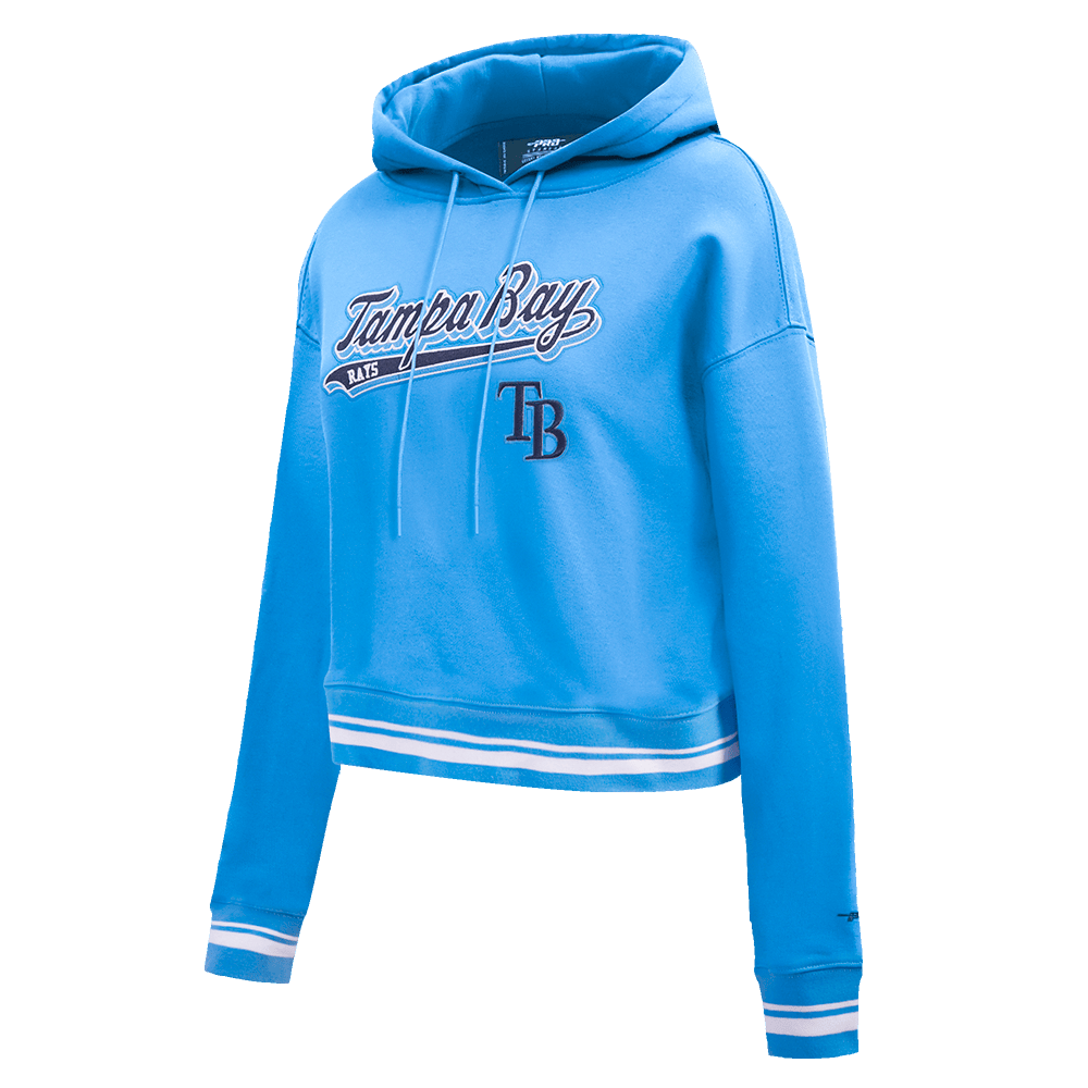 MLB TAMPA BAY RAYS SCRIPT TAIL WOMEN'S RIB FLEECE CROPPED PULLOVER HOODIE (UNIVERSITY BLUE)