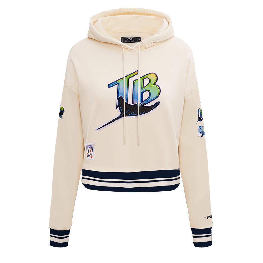 MLB TAMPA BAY RAYS SUDADERA CORTA CON CAPUCHA DE PUNTO ACANALADO CLÁSICA RETRO PARA MUJER (BLANCO HUESO/ AZUL MARINO OSCURO)