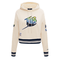 MLB TAMPA BAY RAYS SUDADERA CORTA CON CAPUCHA DE PUNTO ACANALADO CLÁSICA RETRO PARA MUJER (BLANCO HUESO/ AZUL MARINO OSCURO)