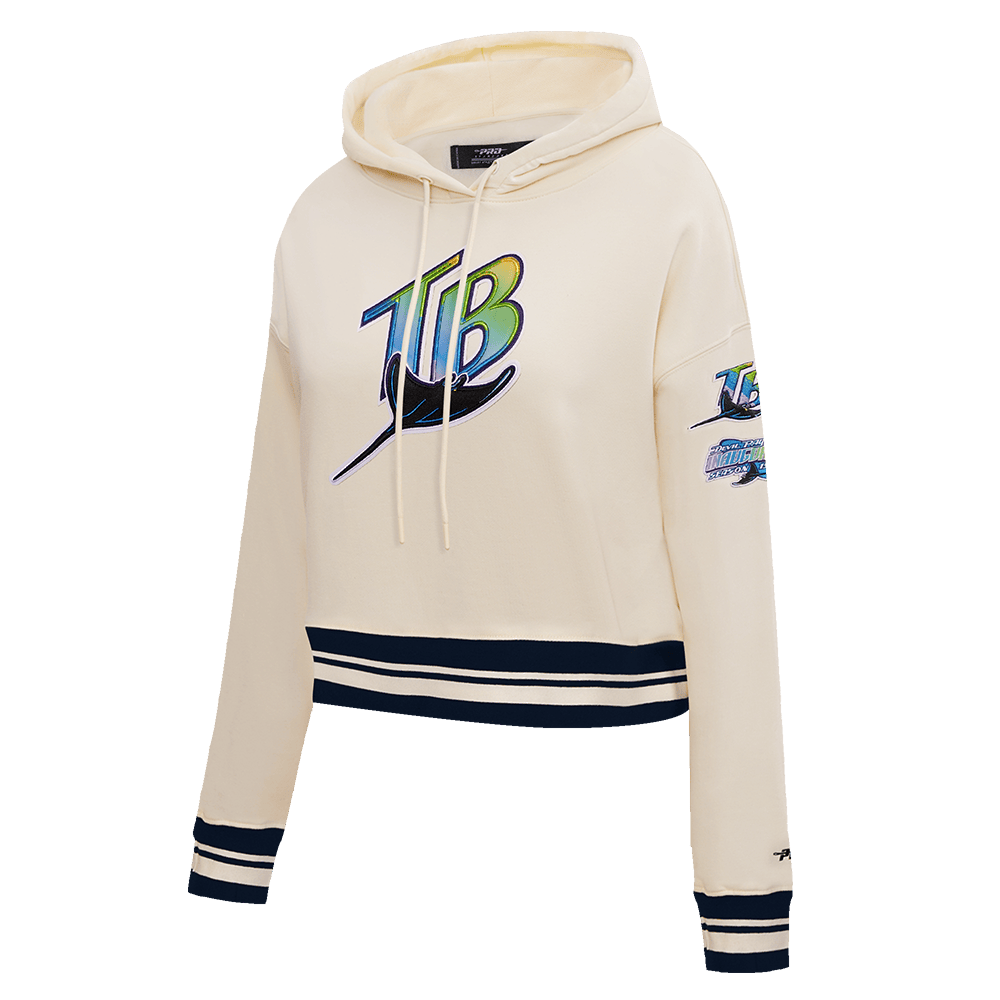 MLB TAMPA BAY RAYS SUDADERA CORTA CON CAPUCHA DE PUNTO ACANALADO CLÁSICA RETRO PARA MUJER (BLANCO HUESO/ AZUL MARINO OSCURO)