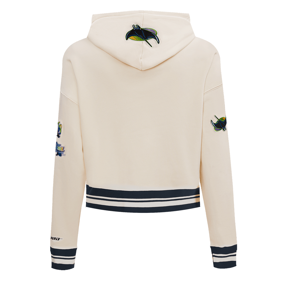 MLB TAMPA BAY RAYS SUDADERA CORTA CON CAPUCHA DE PUNTO ACANALADO CLÁSICA RETRO PARA MUJER (BLANCO HUESO/ AZUL MARINO OSCURO)