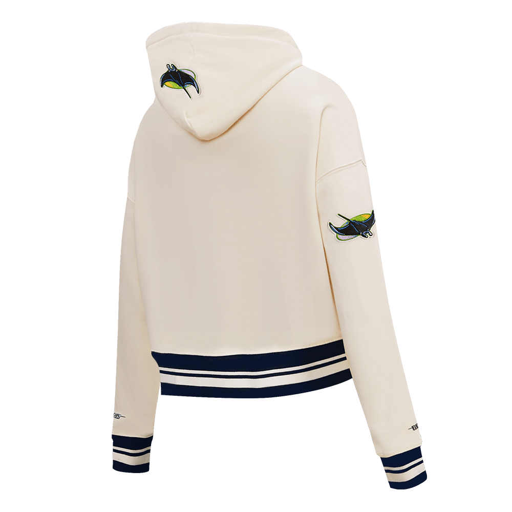 MLB TAMPA BAY RAYS SUDADERA CORTA CON CAPUCHA DE PUNTO ACANALADO CLÁSICA RETRO PARA MUJER (BLANCO HUESO/ AZUL MARINO OSCURO)