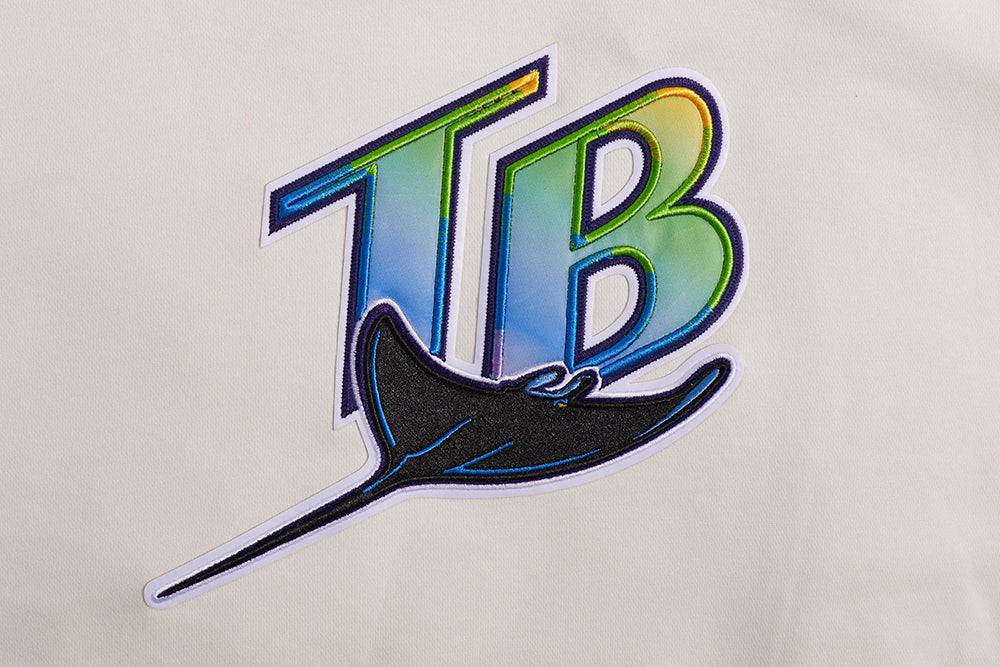MLB TAMPA BAY RAYS SUDADERA CORTA CON CAPUCHA DE PUNTO ACANALADO CLÁSICA RETRO PARA MUJER (BLANCO HUESO/ AZUL MARINO OSCURO)