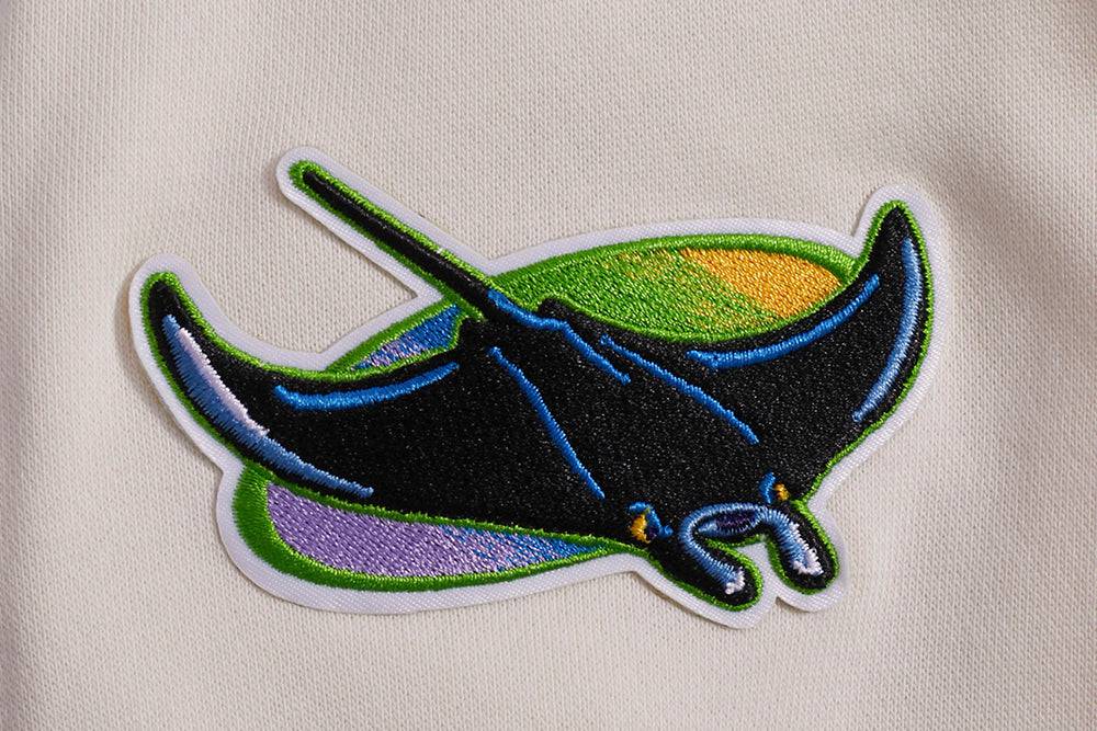 MLB TAMPA BAY RAYS SUDADERA CORTA CON CAPUCHA DE PUNTO ACANALADO CLÁSICA RETRO PARA MUJER (BLANCO HUESO/ AZUL MARINO OSCURO)
