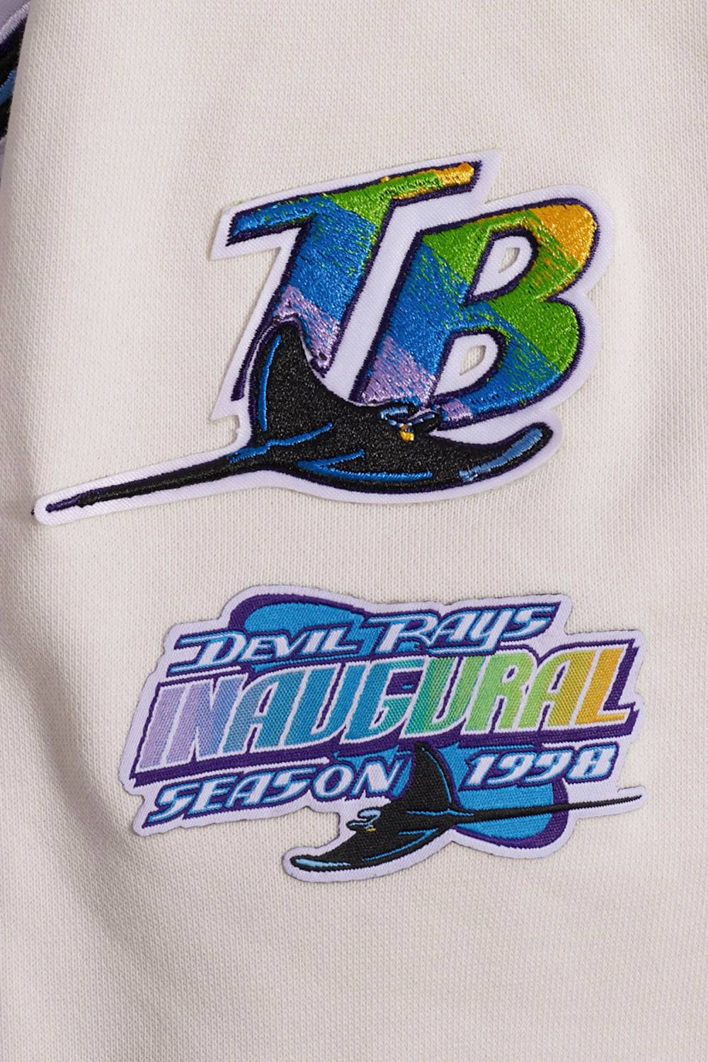 MLB TAMPA BAY RAYS SUDADERA CORTA CON CAPUCHA DE PUNTO ACANALADO CLÁSICA RETRO PARA MUJER (BLANCO HUESO/ AZUL MARINO OSCURO)