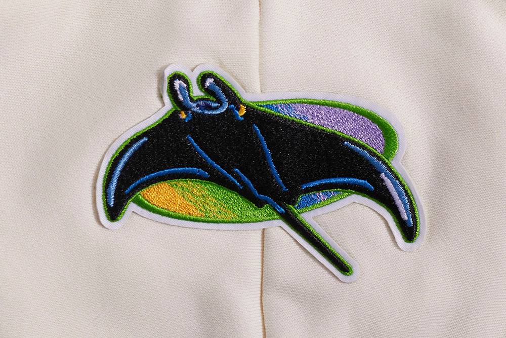 MLB TAMPA BAY RAYS SUDADERA CORTA CON CAPUCHA DE PUNTO ACANALADO CLÁSICA RETRO PARA MUJER (BLANCO HUESO/ AZUL MARINO OSCURO)