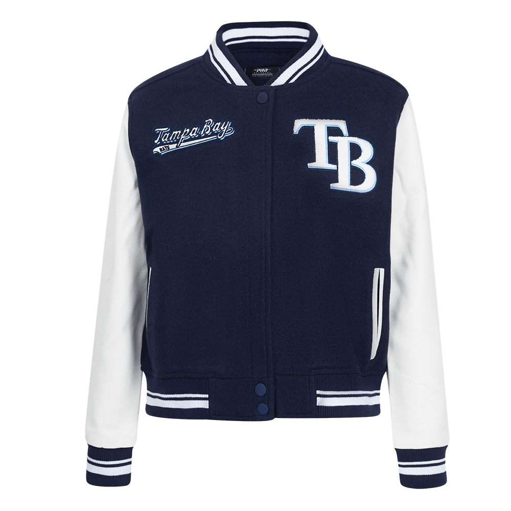 MLB TAMPA BAY RAYS SCRIPT TAIL WOMEN'S WOOL VARSITY JACKET (MIDNIGHT NAVY/WHITE)
