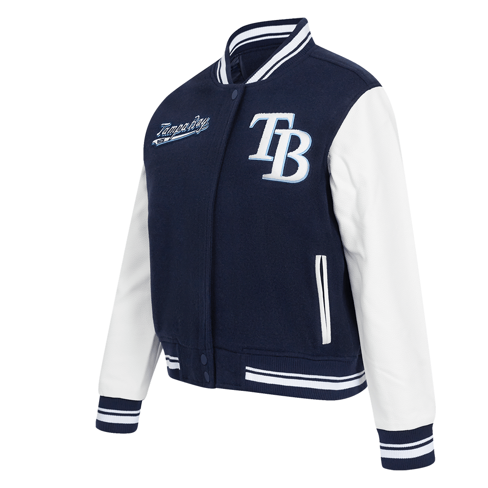 MLB TAMPA BAY RAYS SCRIPT TAIL WOMEN'S WOOL VARSITY JACKET (MIDNIGHT NAVY/WHITE)