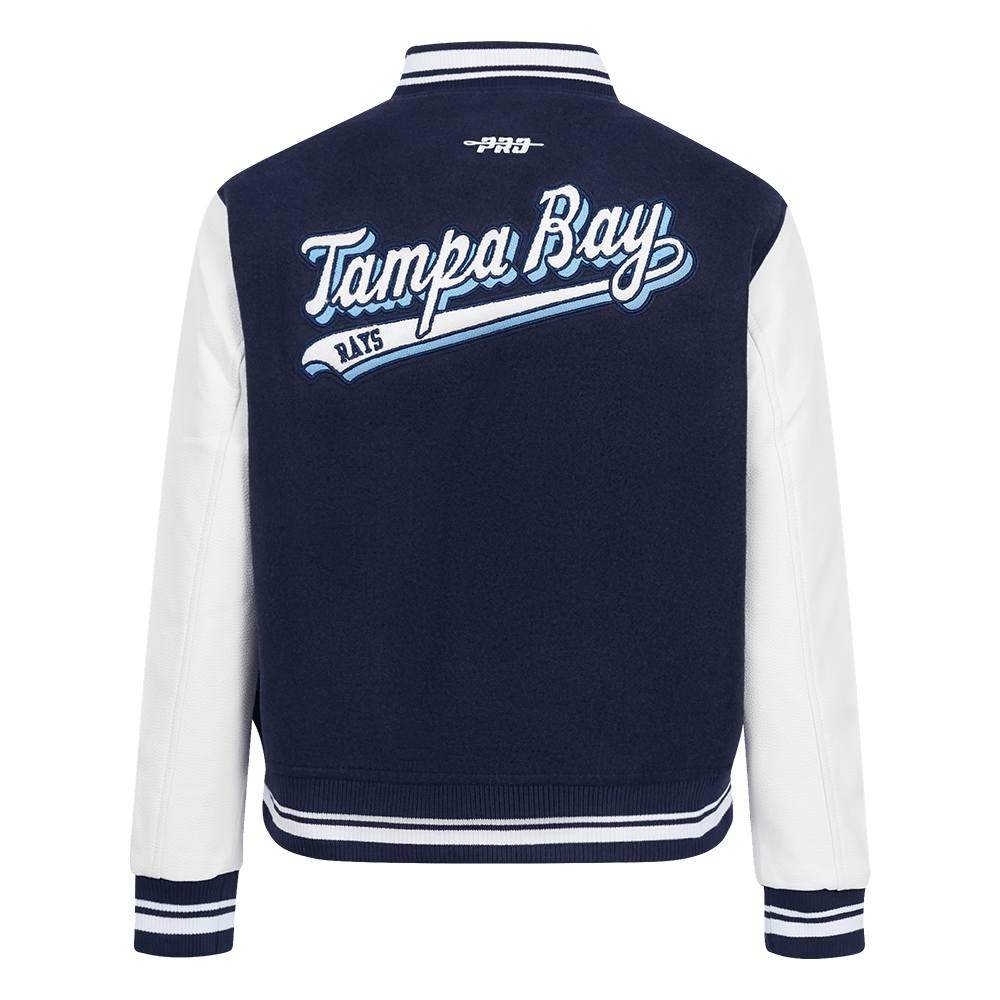 MLB TAMPA BAY RAYS SCRIPT TAIL WOMEN'S WOOL VARSITY JACKET (MIDNIGHT NAVY/WHITE)