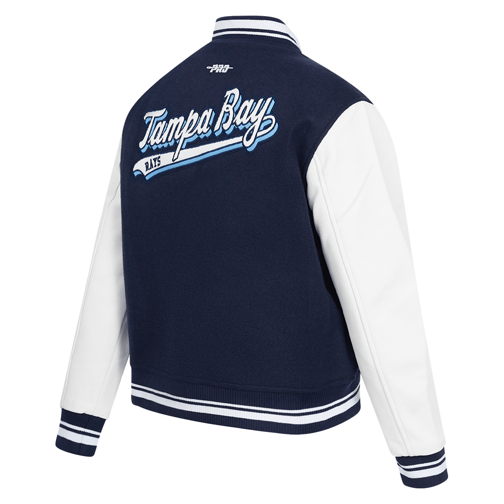 MLB TAMPA BAY RAYS SCRIPT TAIL WOMEN'S WOOL VARSITY JACKET (MIDNIGHT NAVY/WHITE)
