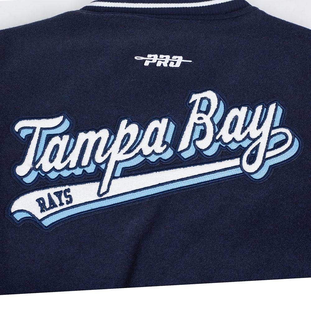 MLB TAMPA BAY RAYS SCRIPT TAIL WOMEN'S WOOL VARSITY JACKET (MIDNIGHT NAVY/WHITE)