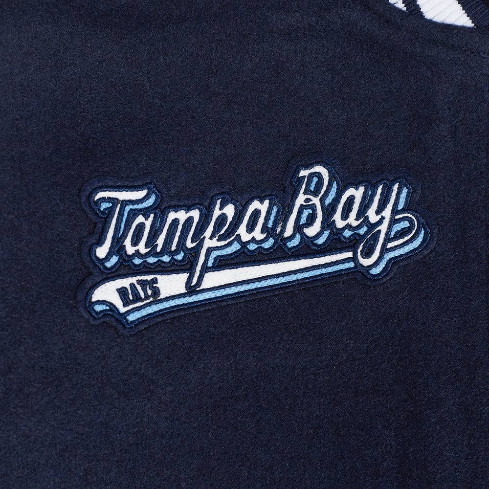 MLB TAMPA BAY RAYS SCRIPT TAIL WOMEN'S WOOL VARSITY JACKET (MIDNIGHT NAVY/WHITE)