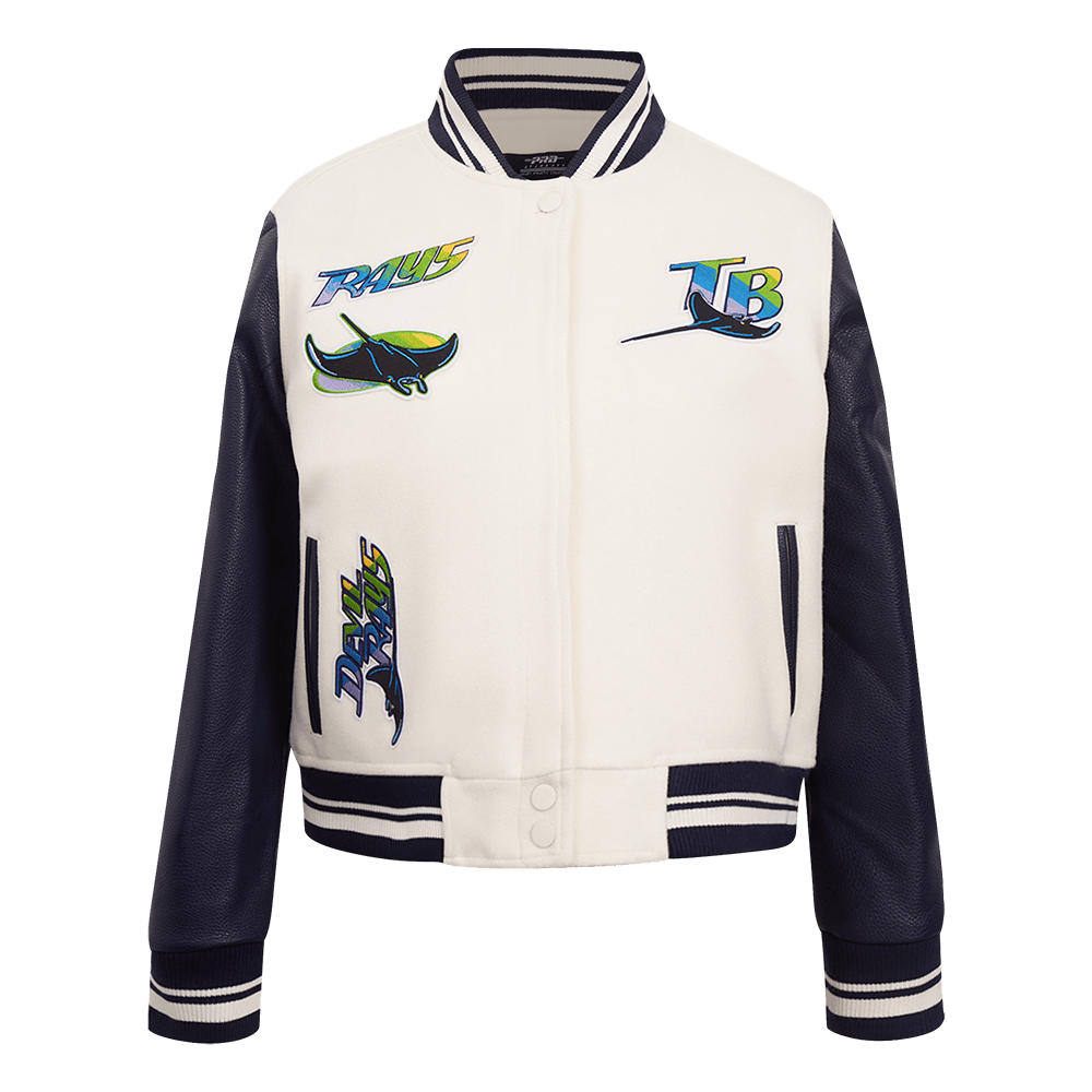 MLB TAMPA BAY RAYS RETRO CLASSIC WOMEN'S RIB WOOL VARSITY JACKET (EGGSHELL/ MIDNIGHT NAVY)