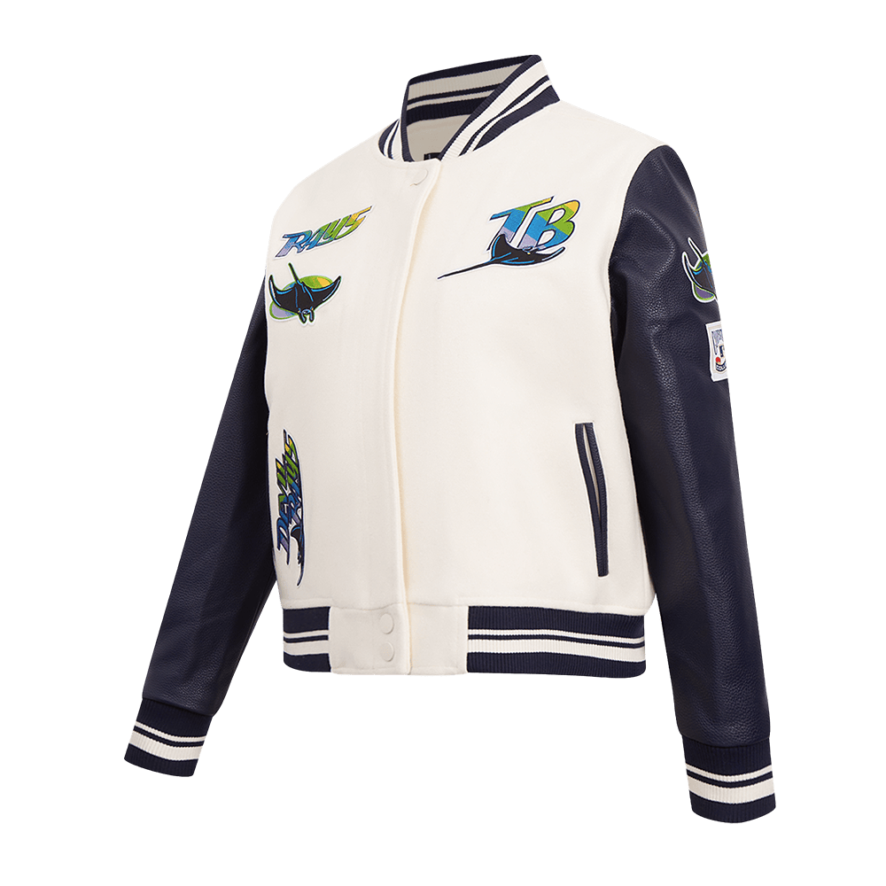 MLB TAMPA BAY RAYS RETRO CLASSIC WOMEN'S RIB WOOL VARSITY JACKET (EGGSHELL/ MIDNIGHT NAVY)