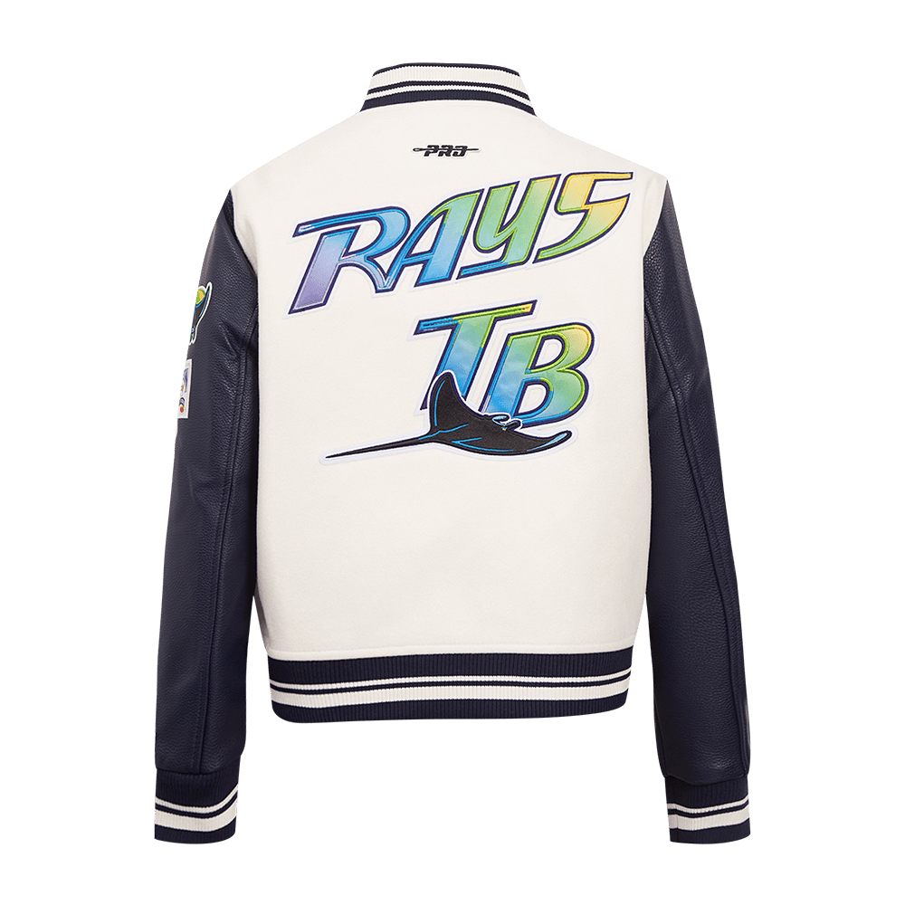 MLB TAMPA BAY RAYS RETRO CLASSIC WOMEN'S RIB WOOL VARSITY JACKET (EGGSHELL/ MIDNIGHT NAVY)