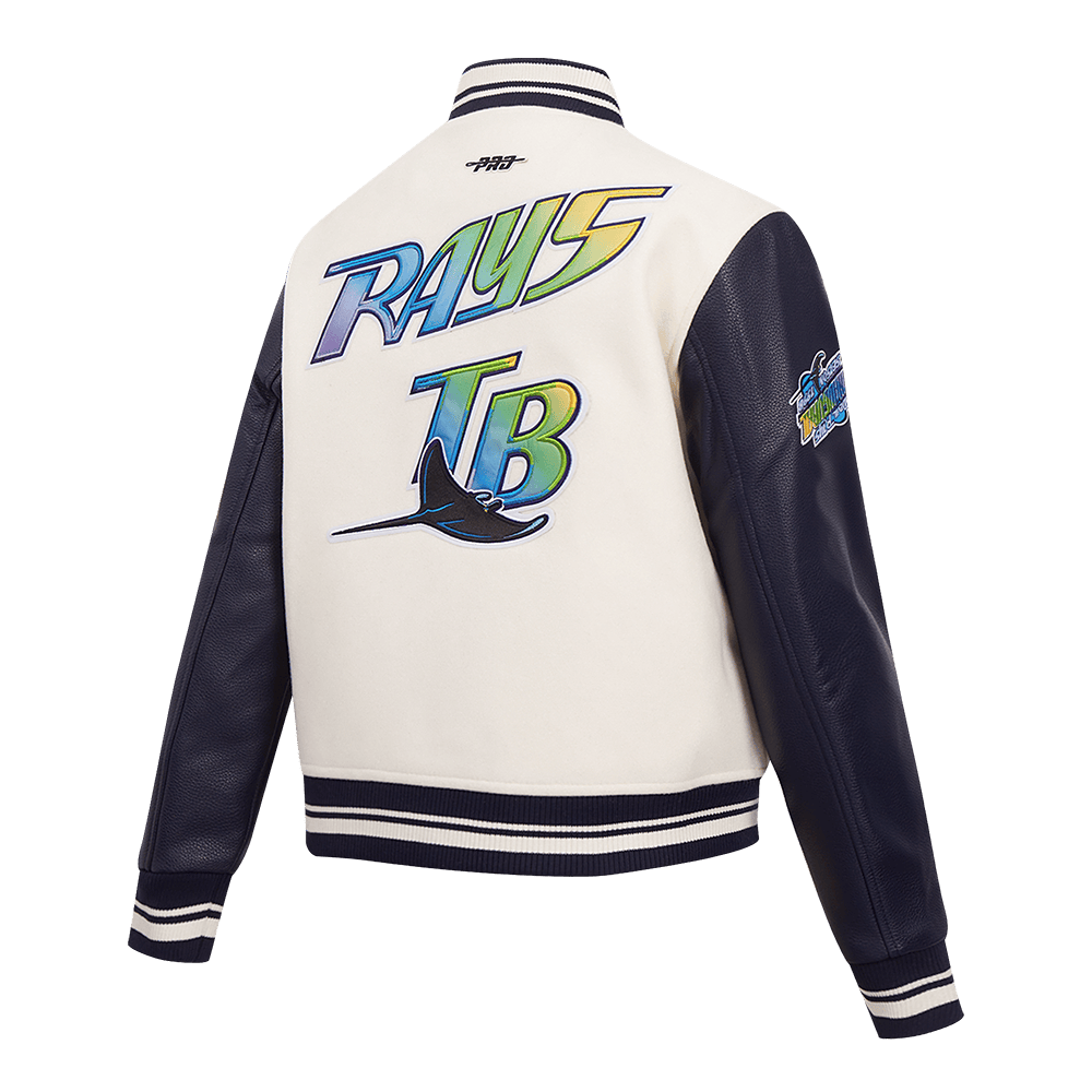 MLB TAMPA BAY RAYS RETRO CLASSIC WOMEN'S RIB WOOL VARSITY JACKET (EGGSHELL/ MIDNIGHT NAVY)