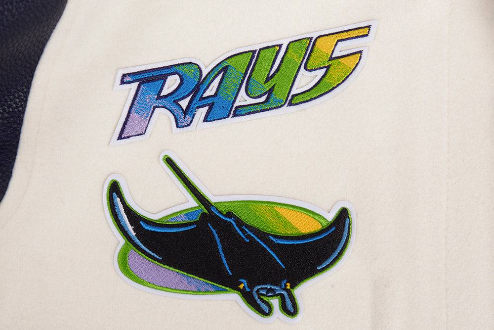MLB TAMPA BAY RAYS RETRO CLASSIC WOMEN'S RIB WOOL VARSITY JACKET (EGGSHELL/ MIDNIGHT NAVY)