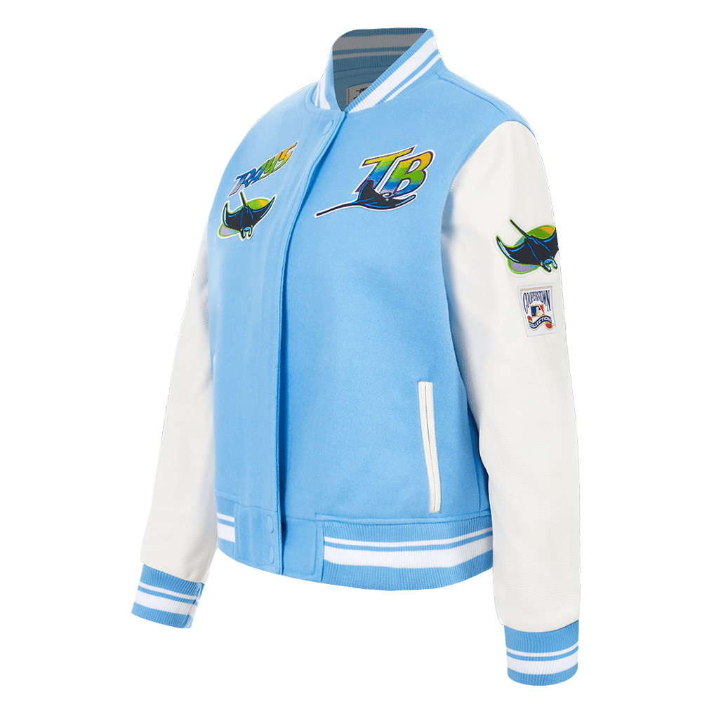 MLB TAMPA BAY RAYS RETRO CLASSIC WOMEN'S RIB WOOL VARSITY JACKET (UNIVERSITY BLUE/WHITE)