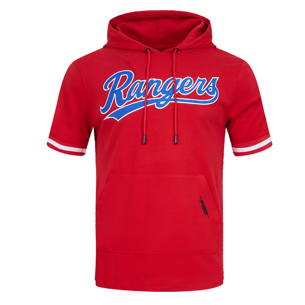 MLB TEXAS RANGERS CLÁSICO DE CHENILLA SUDADERA CON CAPUCHA DE PUNTO DOBLE DE MANGA CORTA PARA HOMBRE (ROJO)