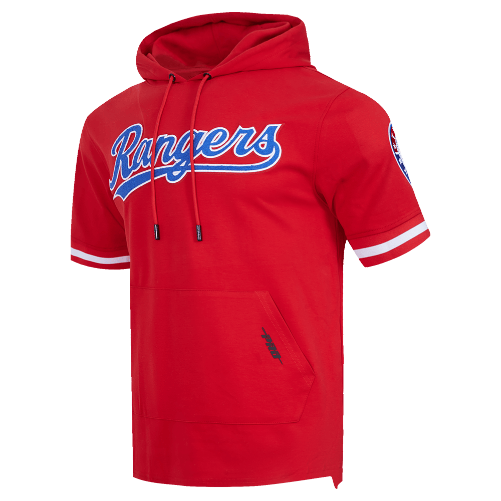 MLB TEXAS RANGERS CLÁSICO DE CHENILLA SUDADERA CON CAPUCHA DE PUNTO DOBLE DE MANGA CORTA PARA HOMBRE (ROJO)