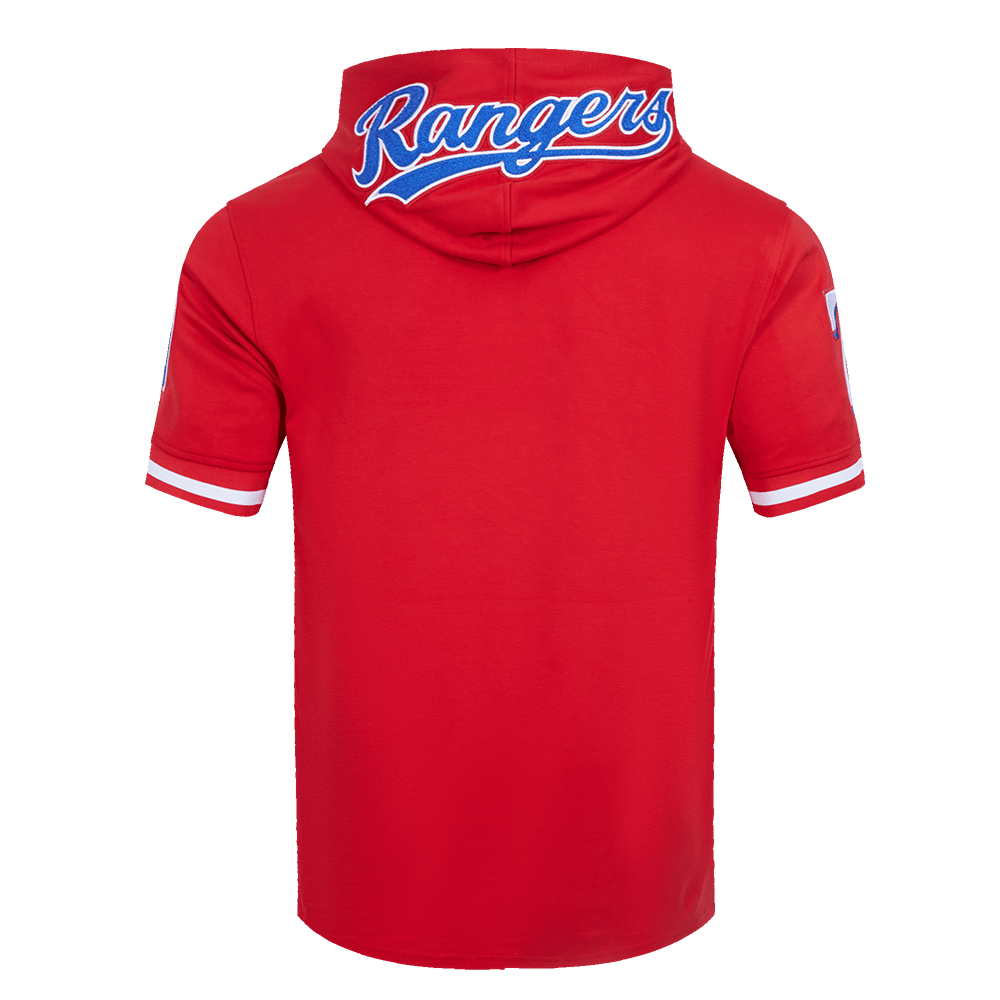 MLB TEXAS RANGERS CLÁSICO DE CHENILLA SUDADERA CON CAPUCHA DE PUNTO DOBLE DE MANGA CORTA PARA HOMBRE (ROJO)