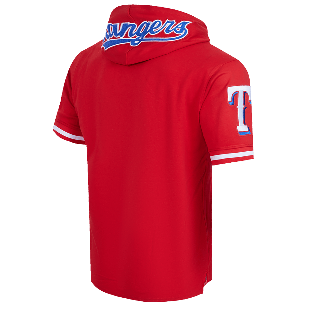 MLB TEXAS RANGERS CLÁSICO DE CHENILLA SUDADERA CON CAPUCHA DE PUNTO DOBLE DE MANGA CORTA PARA HOMBRE (ROJO)