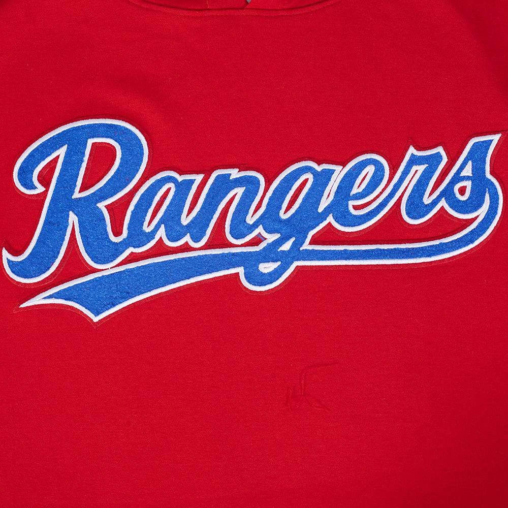 MLB TEXAS RANGERS CLÁSICO DE CHENILLA SUDADERA CON CAPUCHA DE PUNTO DOBLE DE MANGA CORTA PARA HOMBRE (ROJO)