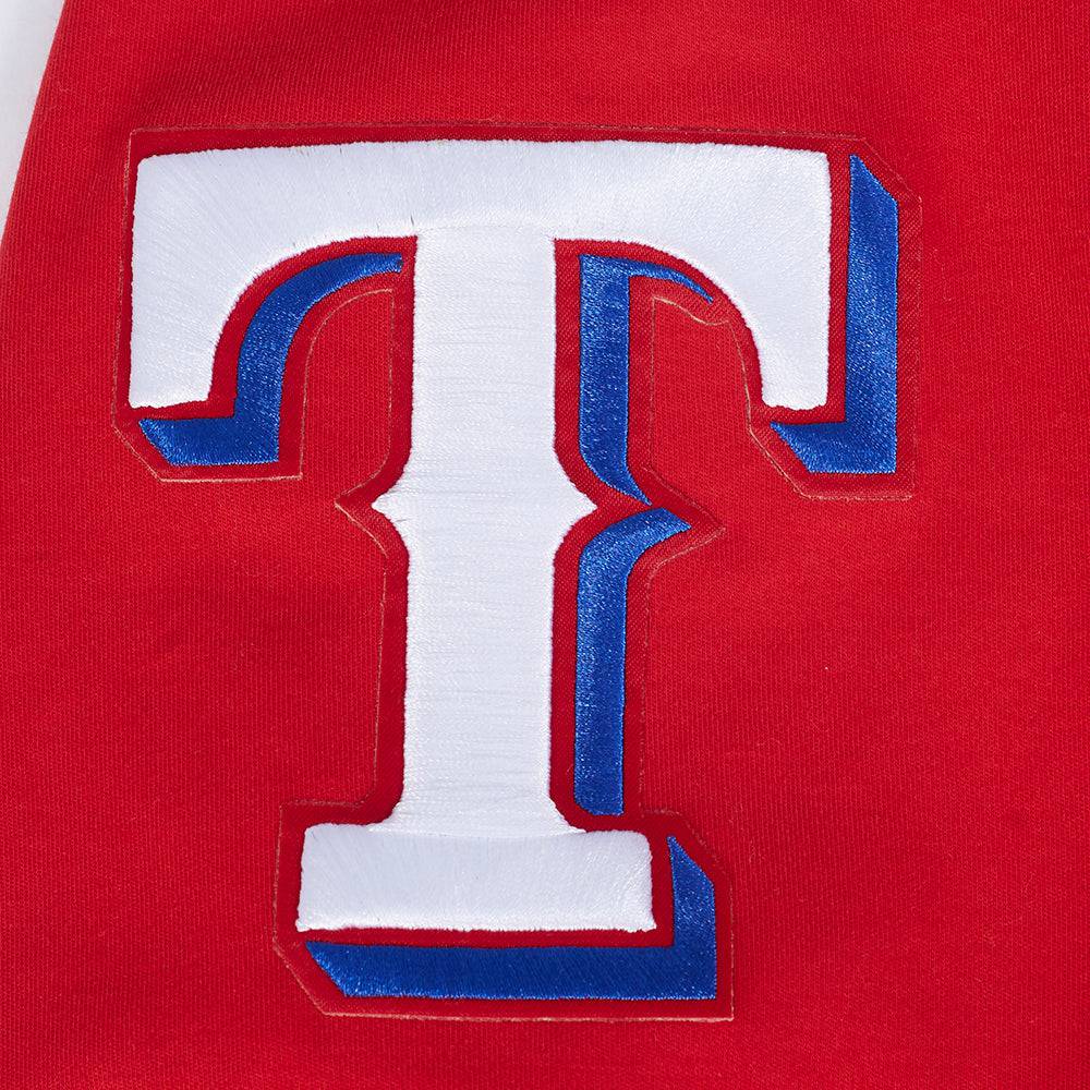MLB TEXAS RANGERS CLÁSICO DE CHENILLA SUDADERA CON CAPUCHA DE PUNTO DOBLE DE MANGA CORTA PARA HOMBRE (ROJO)